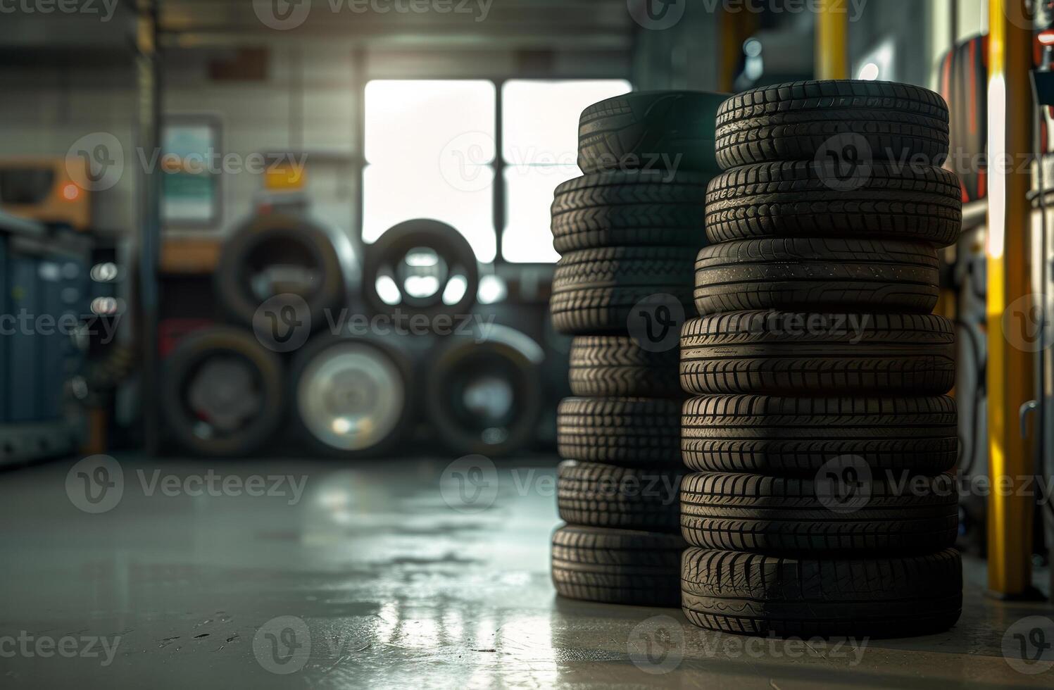 AI generated Tires for sale at tire store. A stack of new tires is stacked high in the garage photo