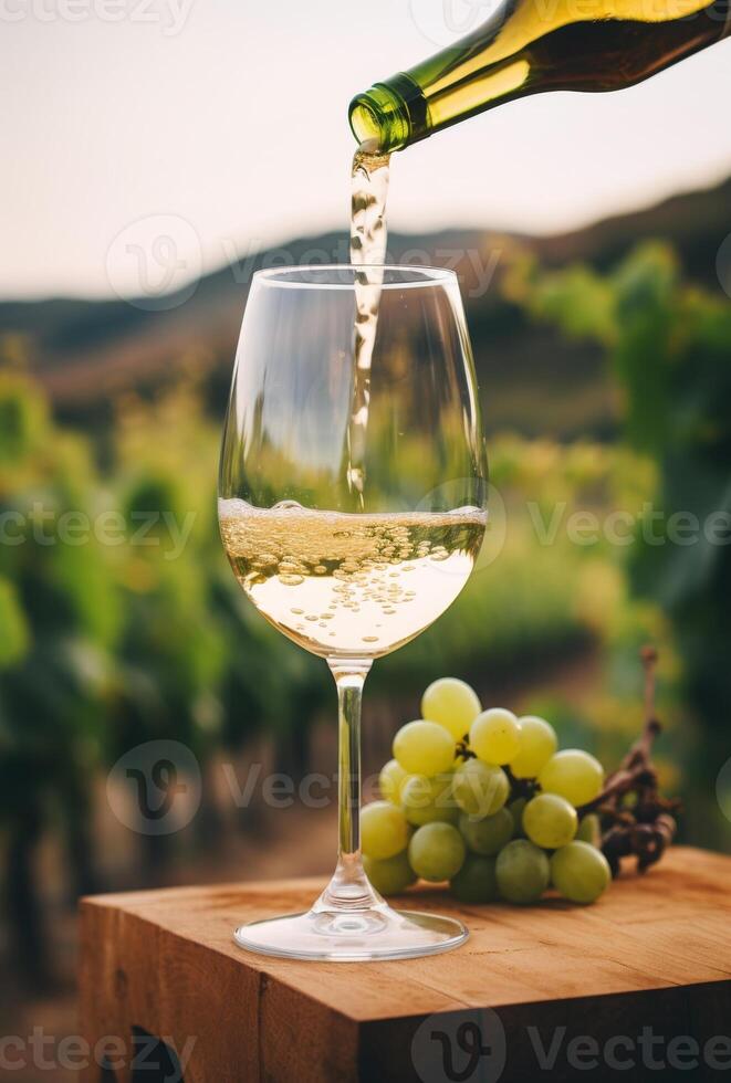 AI generated Pouring white wine into the glass from the bottle on the vineyard background photo