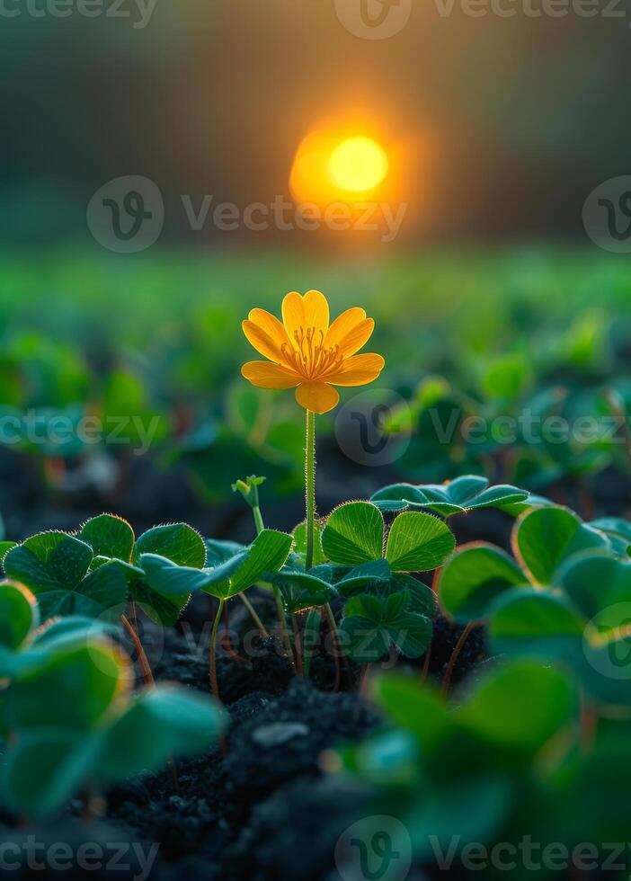 AI generated Yellow flower growing on the soil with the sun shining in the background photo