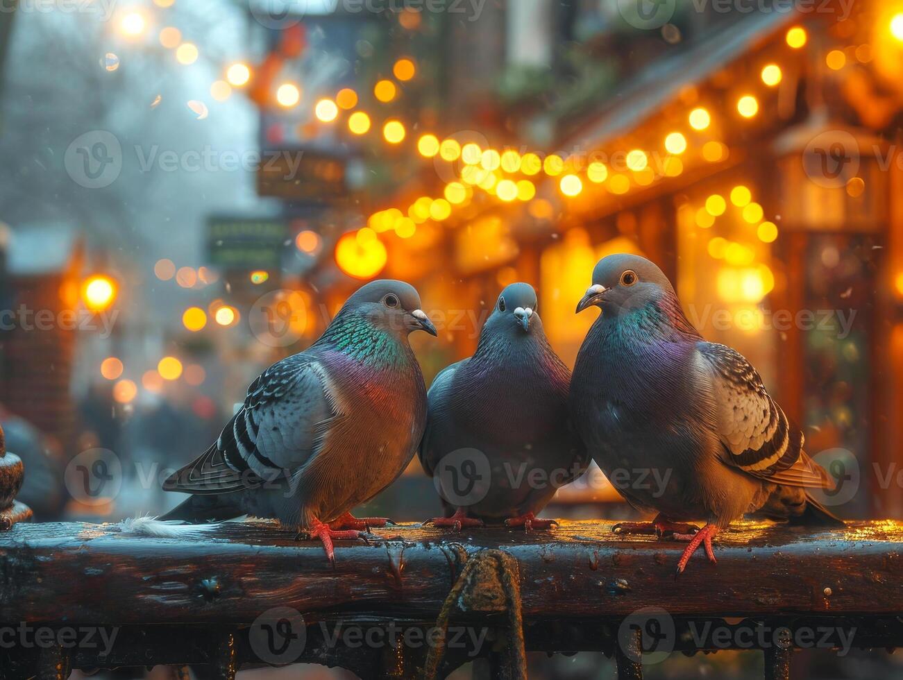 AI generated Pigeons sitting on fence in the rain photo