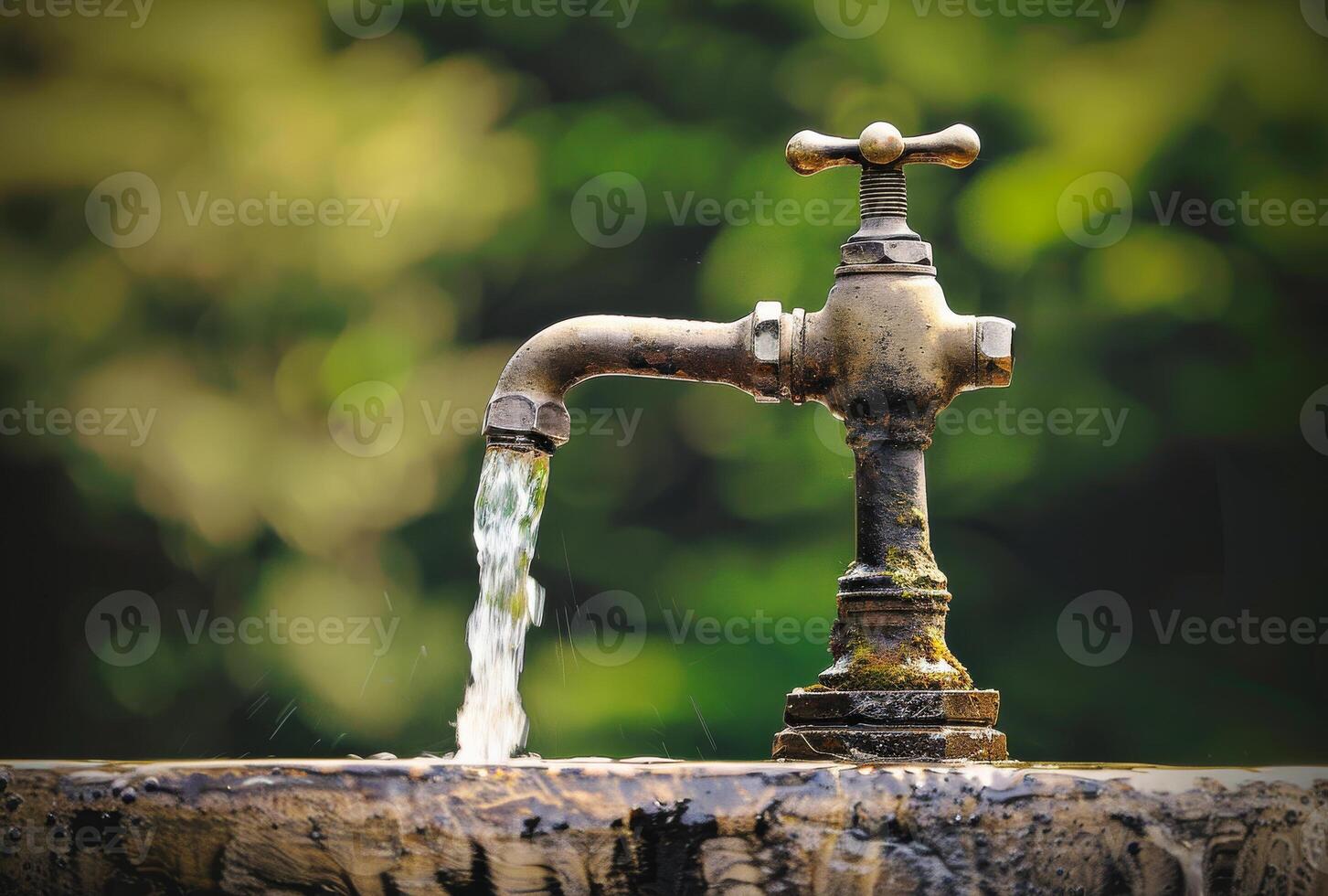 ai generado agua fluye desde el antiguo grifo foto