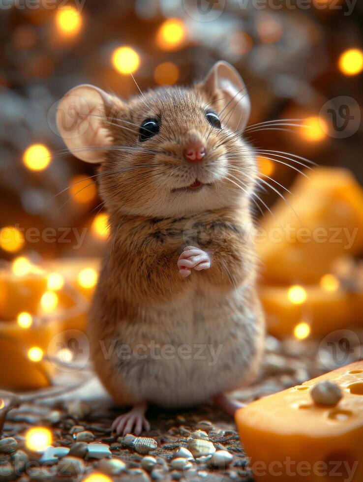 AI generated A mouse standing in front of a pile of cheese and lights photo