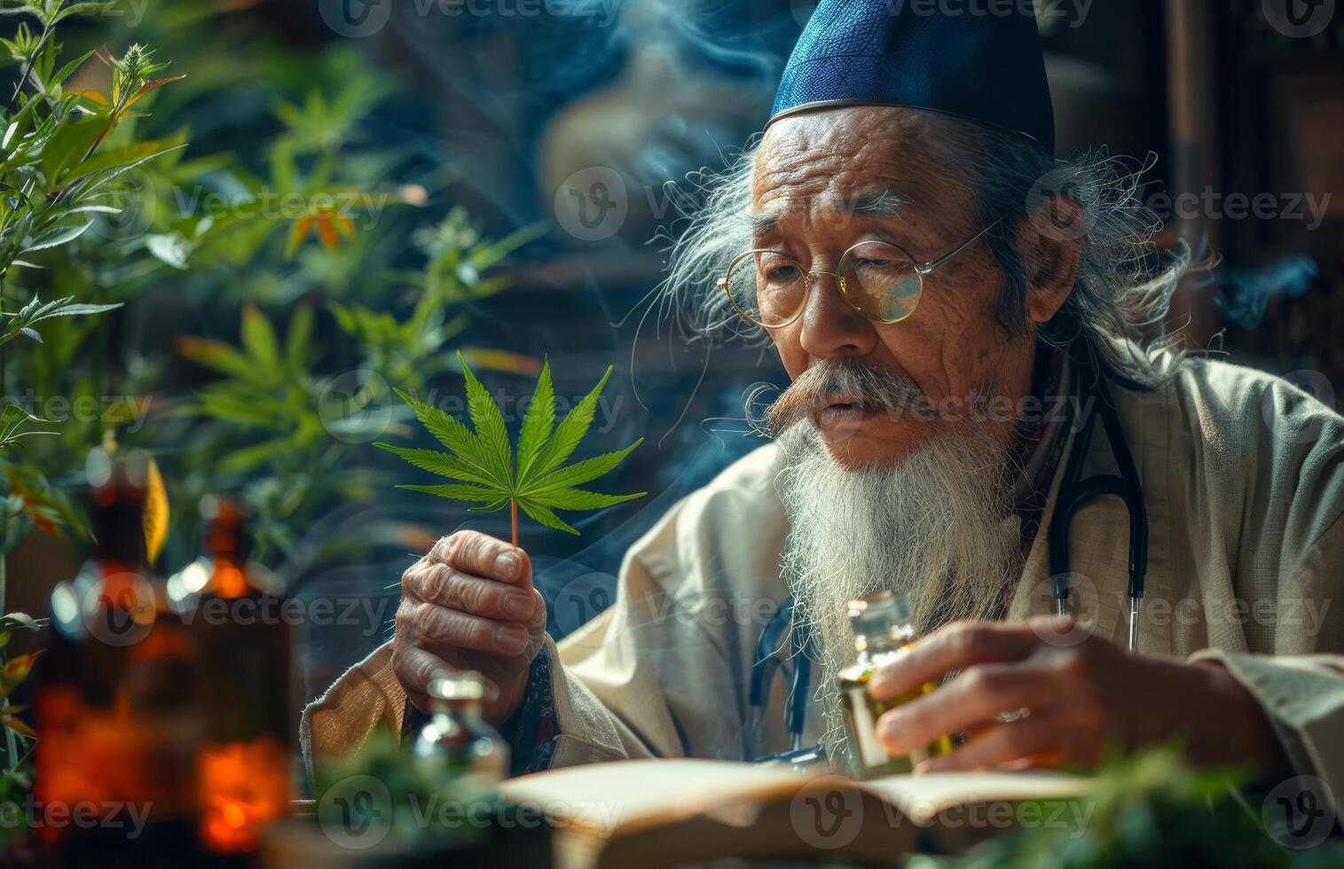 AI generated Wise old man smoking cannabis and reading book in his den. photo