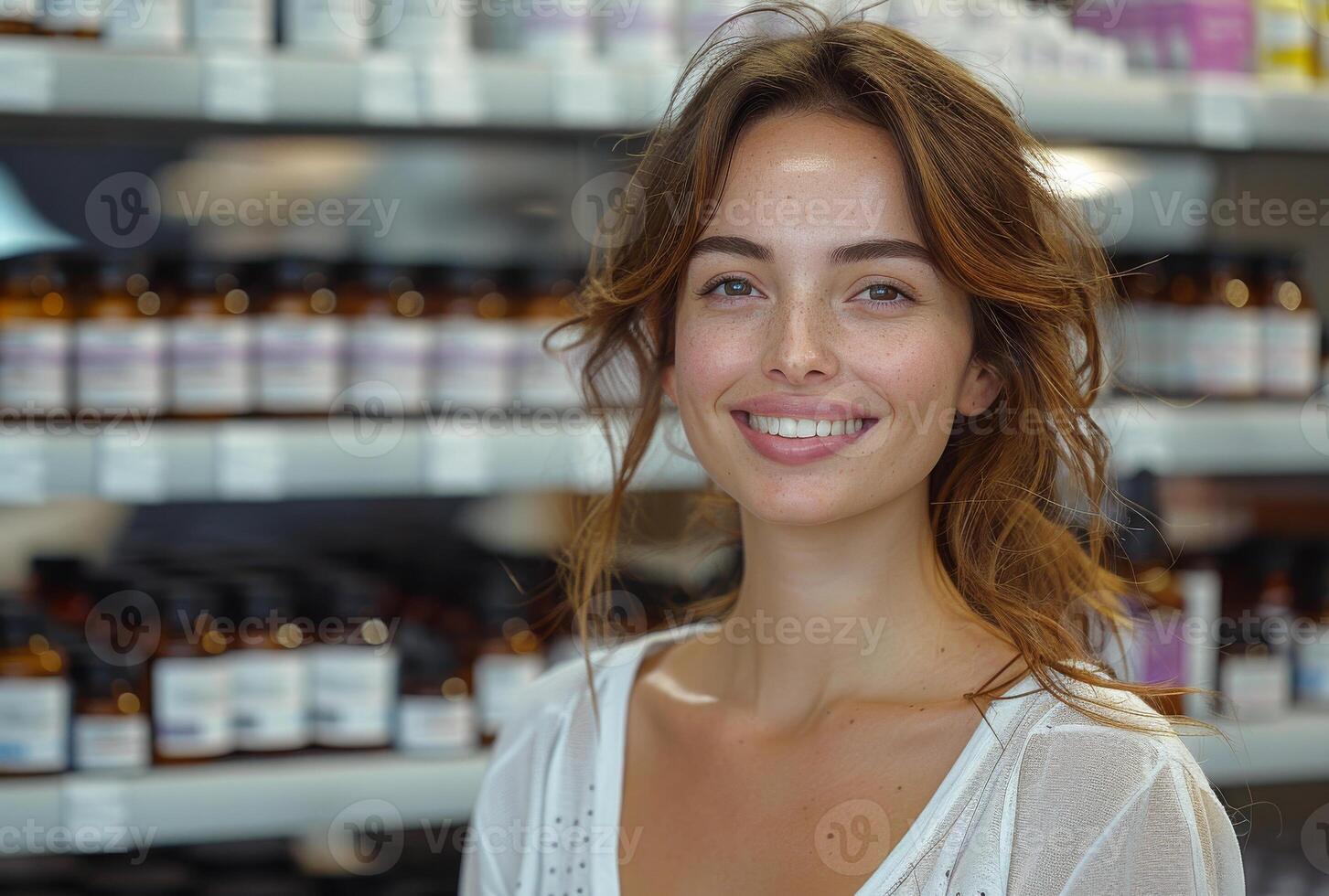 AI generated Portrait of young woman smiling in health store photo