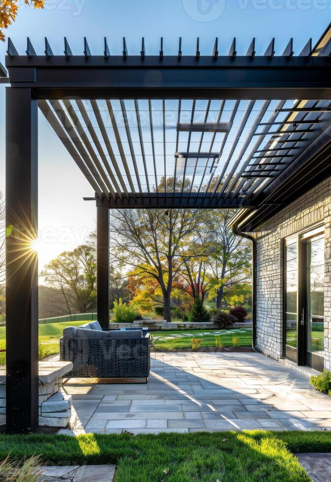AI generated Pergola and fire pit provide comfortable outdoor living space photo