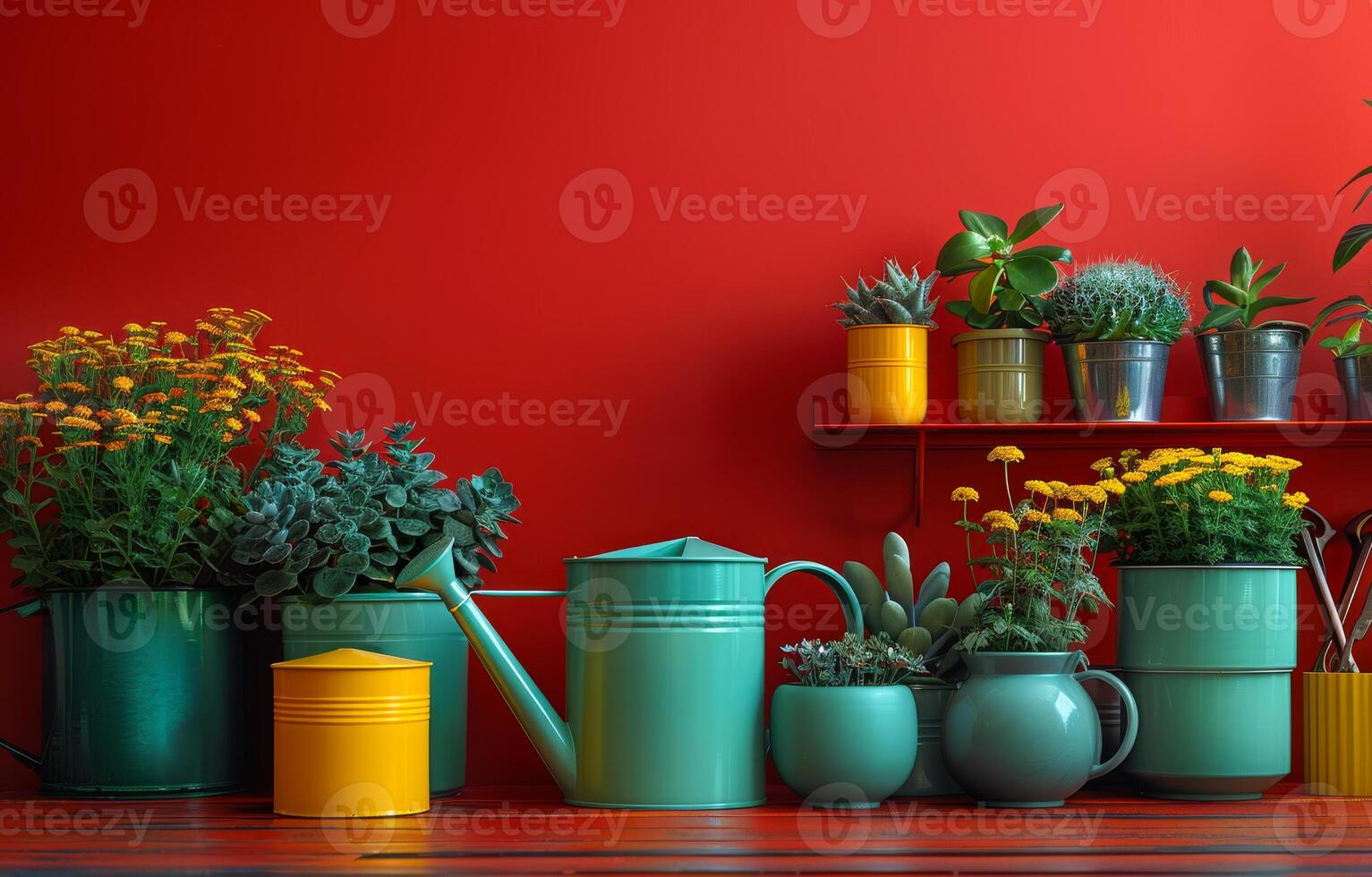 AI generated A house plants and watering cans on red background photo