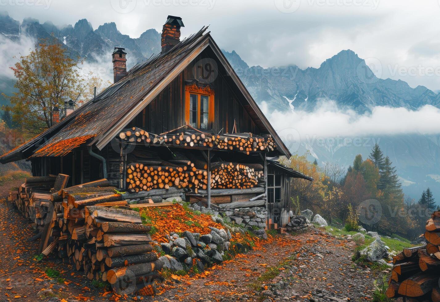 AI generated Old wooden hut in the mountains. A beautiful photo of an old wood house with stacked firewood