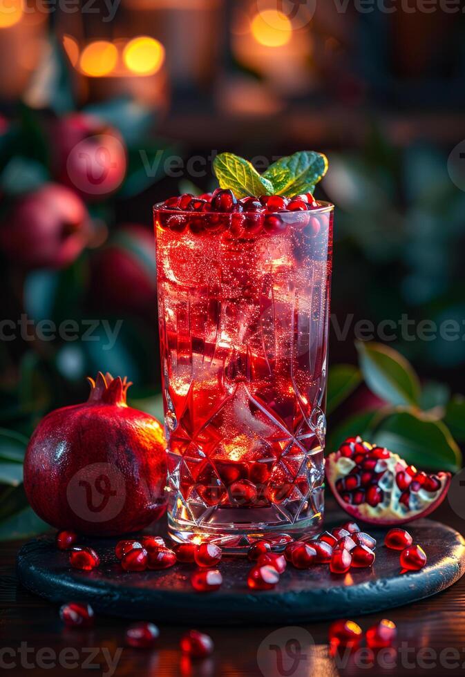 AI generated Pomegranate cocktail with fresh pomegranate fruits on wooden table photo