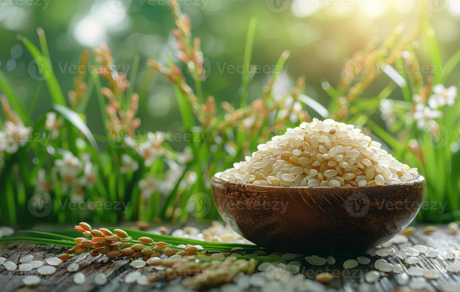 AI generated Raw organic uncooked white rice in wooden bowl with green rice plant on wooden table in garden photo