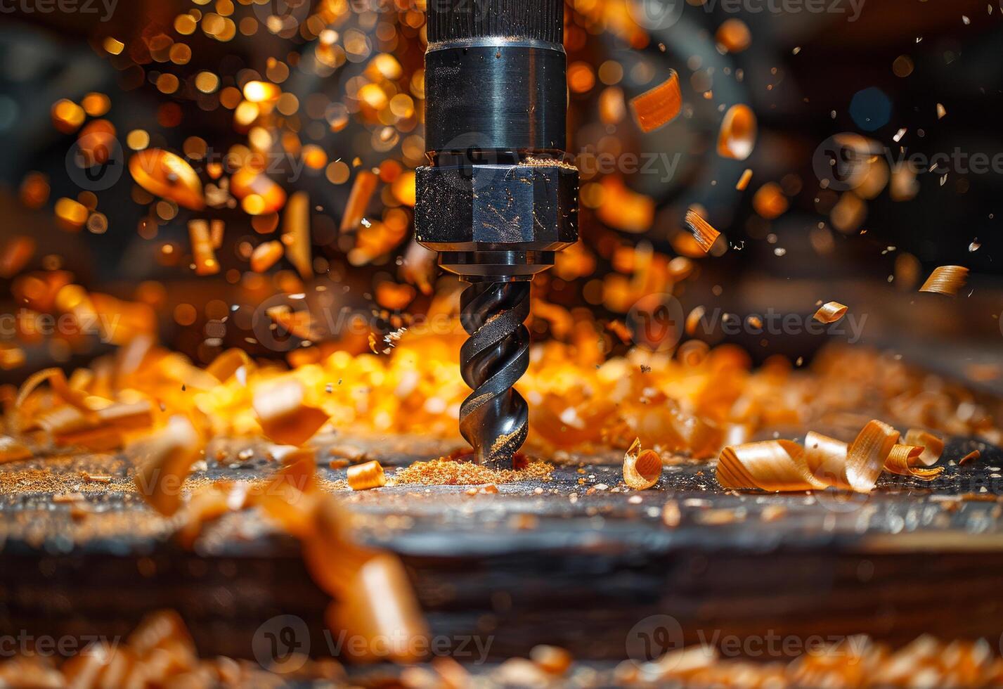 AI generated Drill is drilling into piece of wood. A black drill bit is spinning and chiseling wood photo
