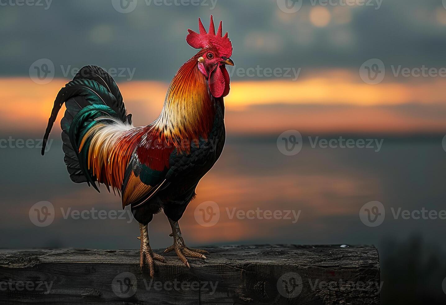 ai generado gallo en pie en de madera cerca a puesta de sol foto