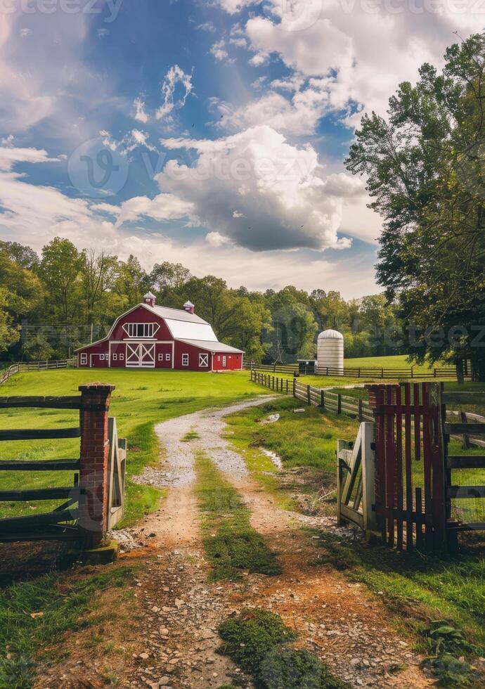 AI generated Red barn and white horse trailer on farm with dirt road and wooden fence in the foreground and trees in the background photo