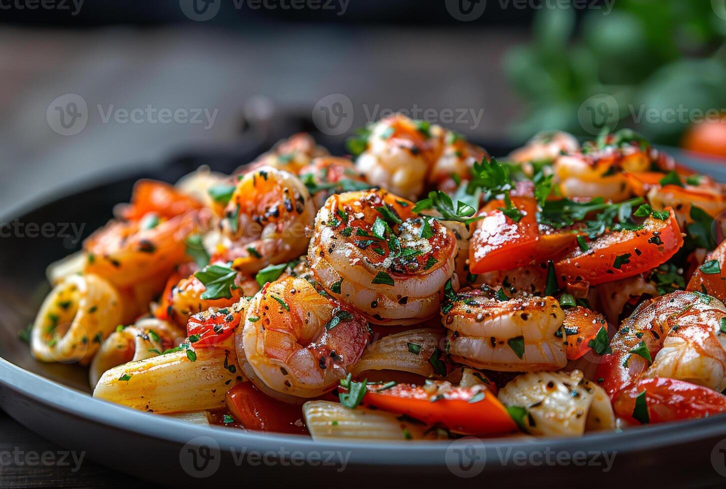 AI generated Bowl of shrimp pasta with tomatoes and parsley photo