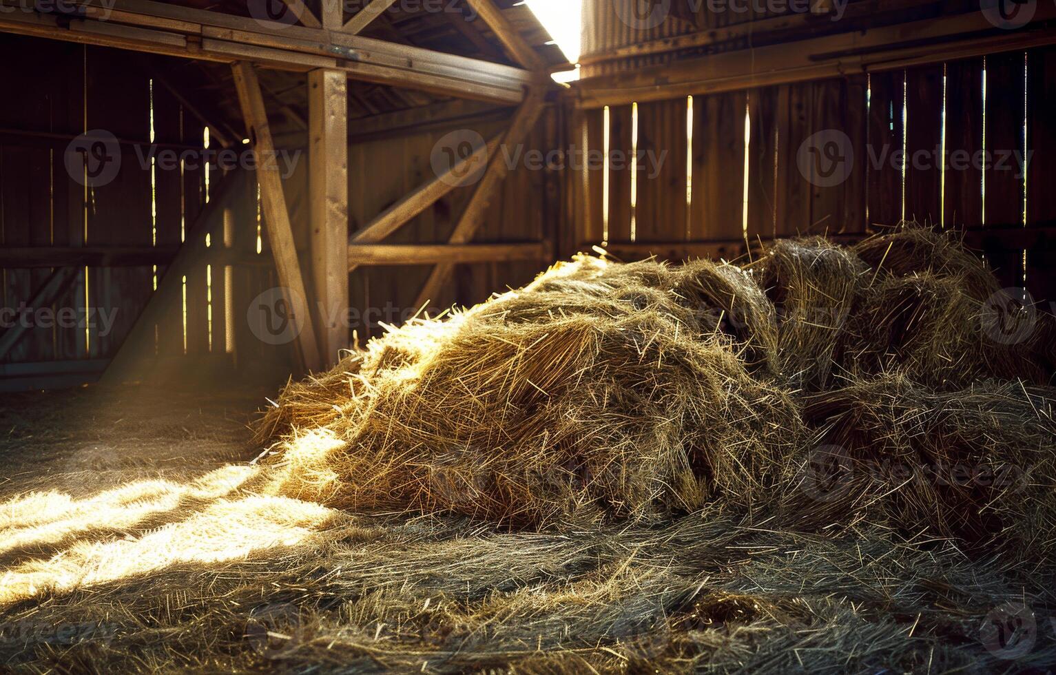 AI generated Hay bales in barn. A pile of hay in the barn photo