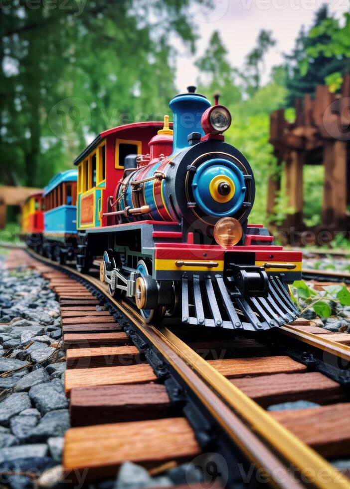 AI generated Toy train moving on the tracks in the forest photo