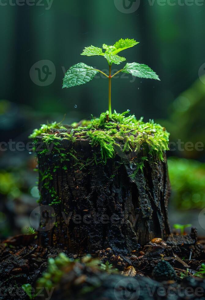 AI generated Tree grows on stump in the forest. A tree stump with a green sprout growing from it photo