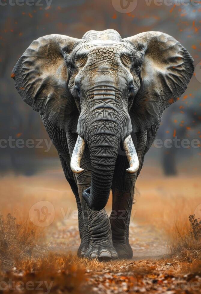 ai generado africano elefante en el salvaje. un elefante caminando hacia el cámara foto