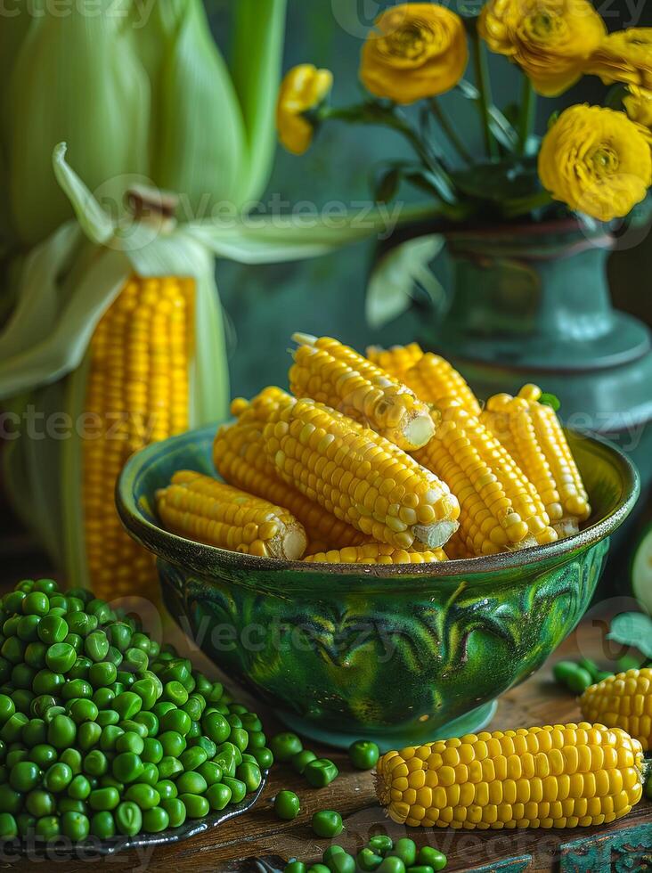 AI generated Corn and peas in bowl. A photo taken of peas and corn on a table