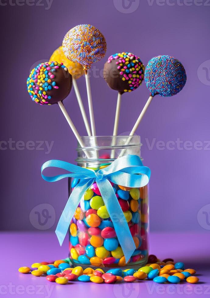 AI generated Colorful cake pops and candies in glass jar on purple background photo