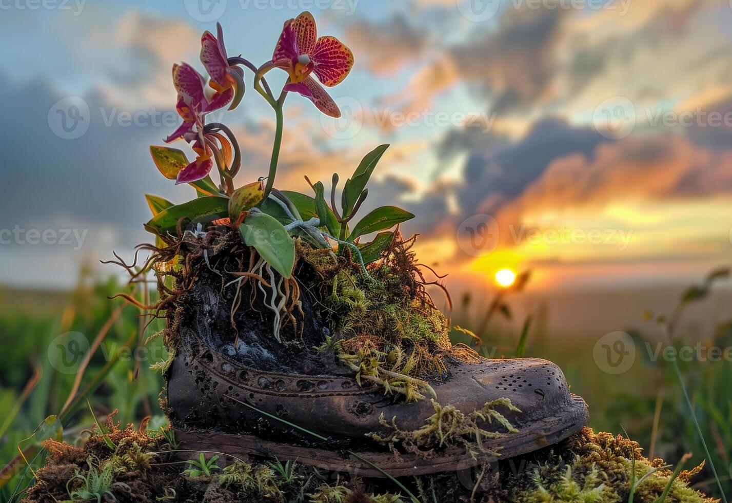 AI generated Shoe is used as planter for orchids photo