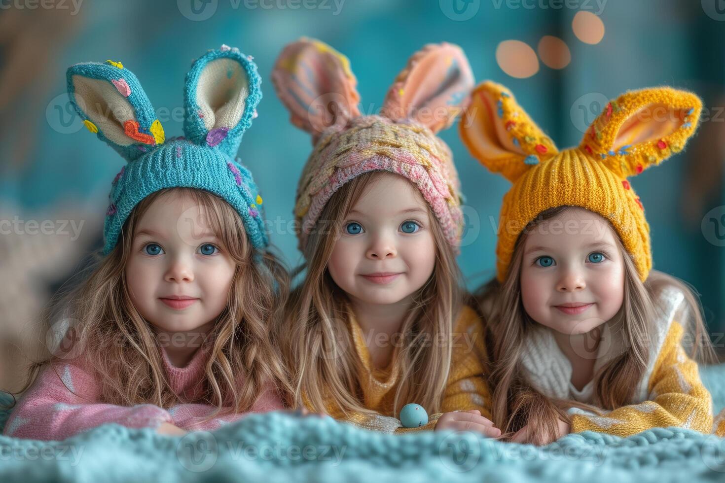 AI generated Three cute little sisters in knitted hats with ears hares lie on blue blanket photo