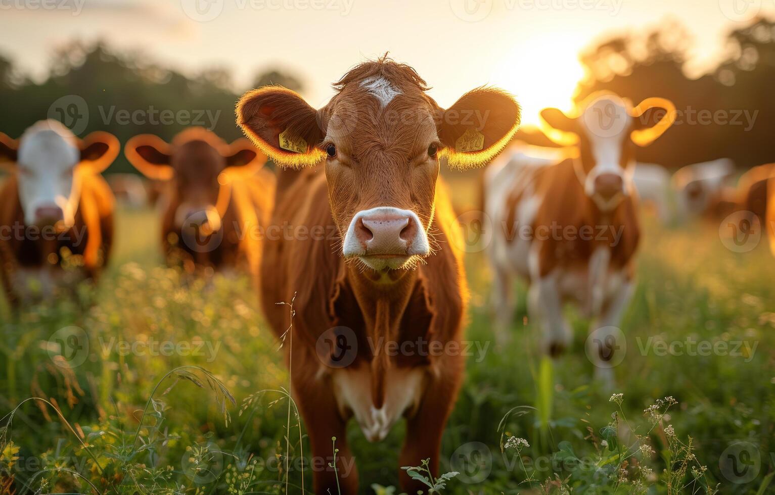 AI generated A group of brown and white cows graze in the field. Cows standing in field at sunset photo