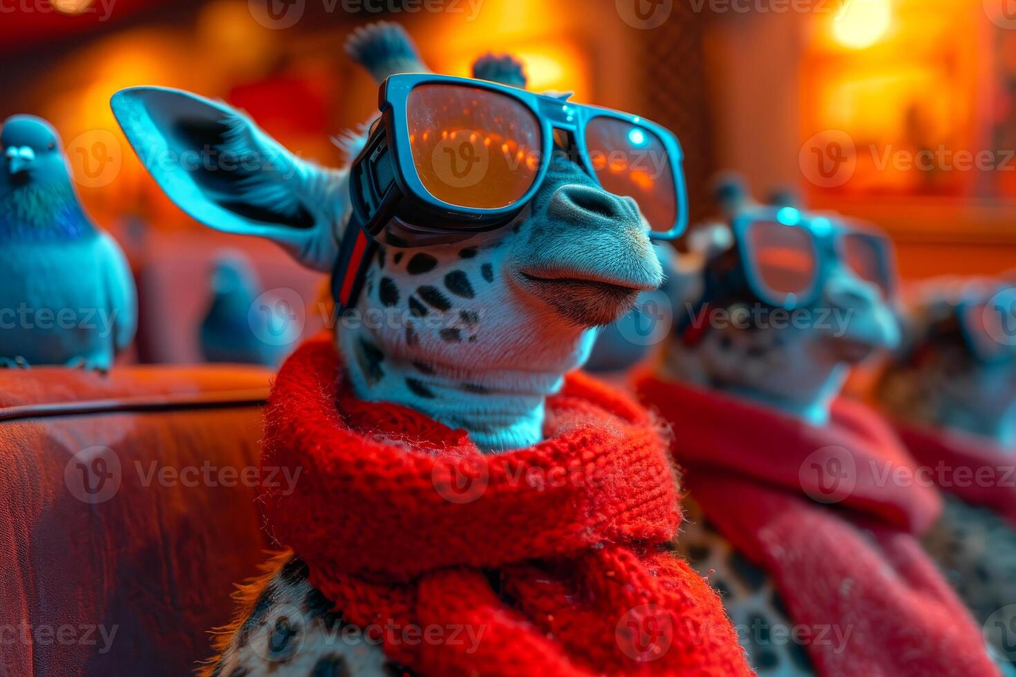 AI generated Giraffes in scarf and glasses on red background. A giraffe in the cinema watching a movie photo