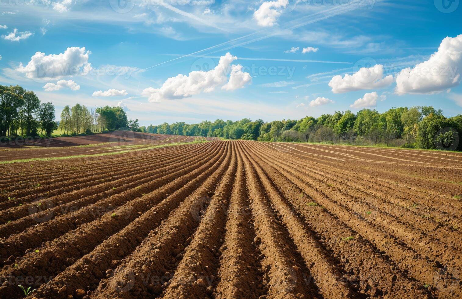 AI generated Furrows row pattern in plowed field prepared for planting crops in spring. photo