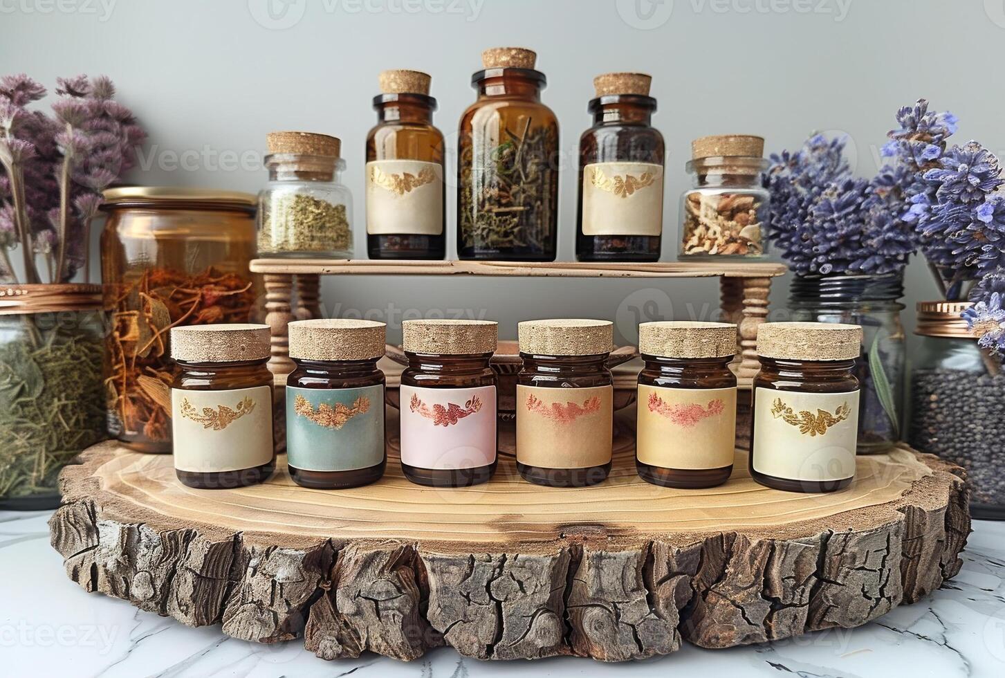 AI generated Herbal medicine tinctures and essential oils in glass bottles on wooden background photo