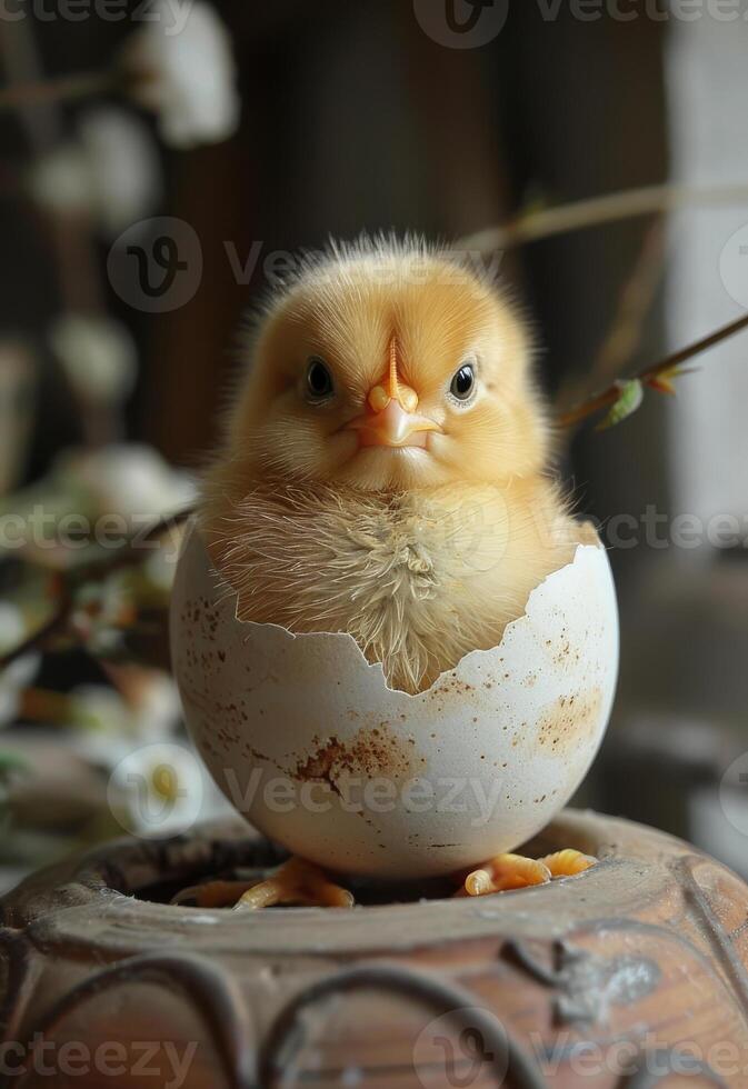 AI generated Cute little chick sitting in broken egg shell photo