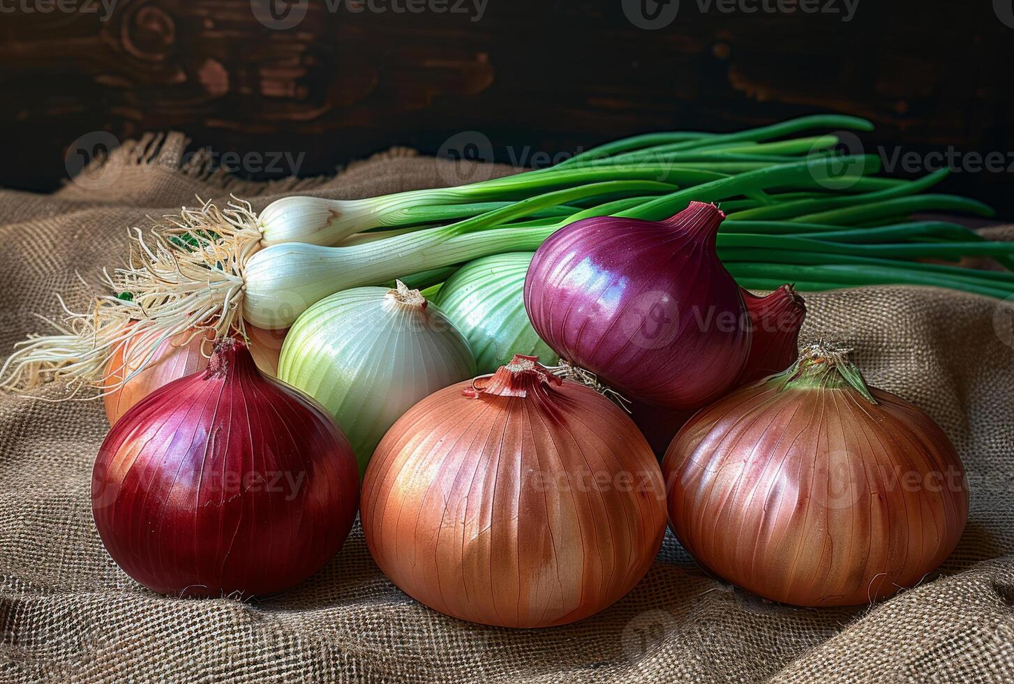 AI generated Onions and green onions on burlap cloth photo