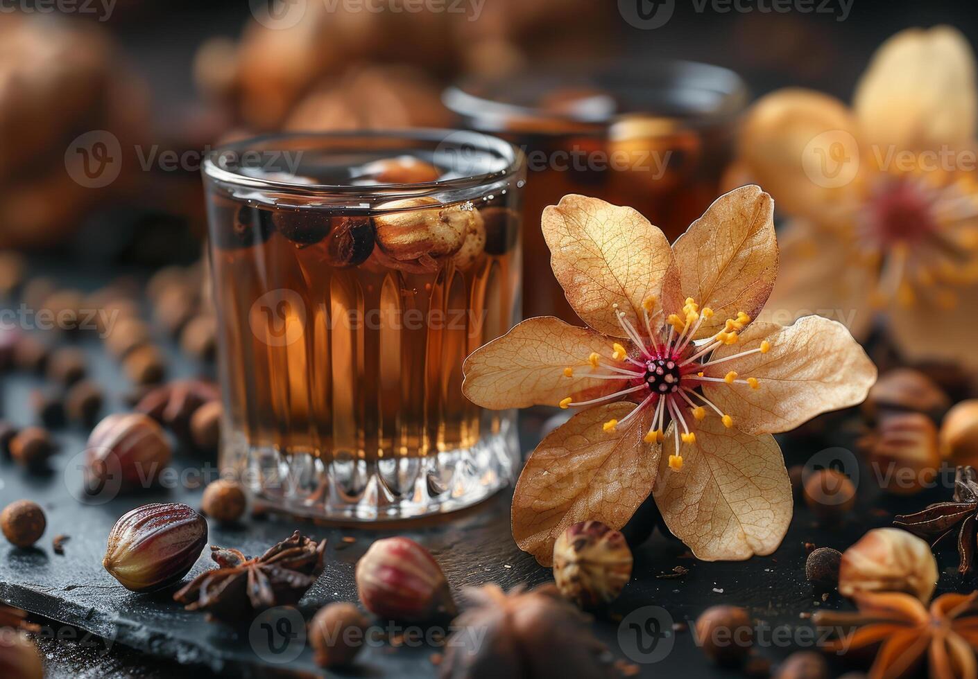 AI generated Glass of whiskey and flower with nuts photo