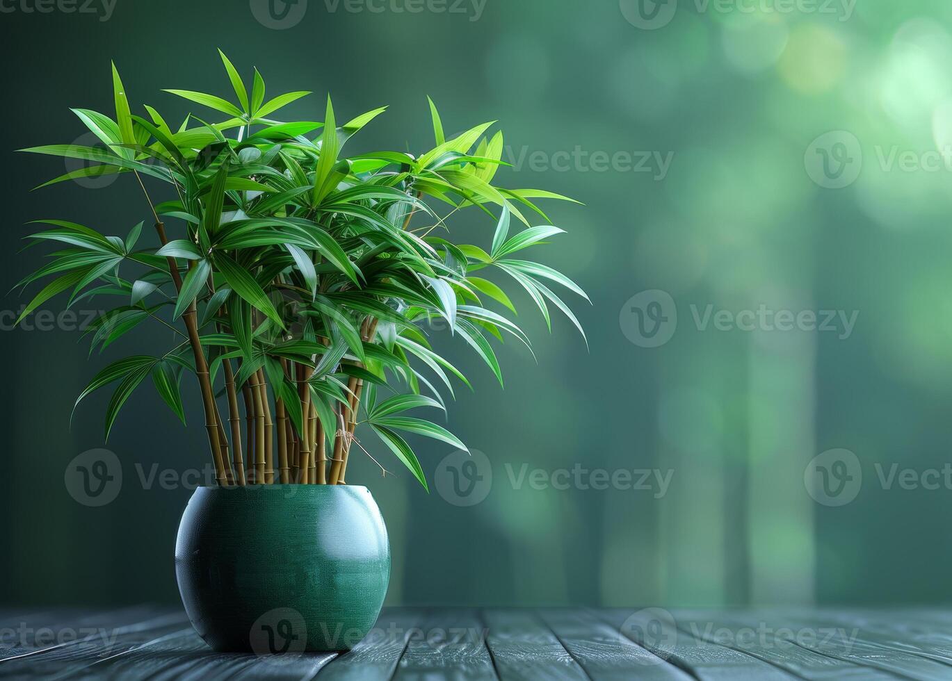 AI generated A bamboo plant with its leaves and the background are green photo