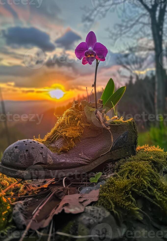 AI generated Purple orchid grows out of shoe on stump at sunset photo