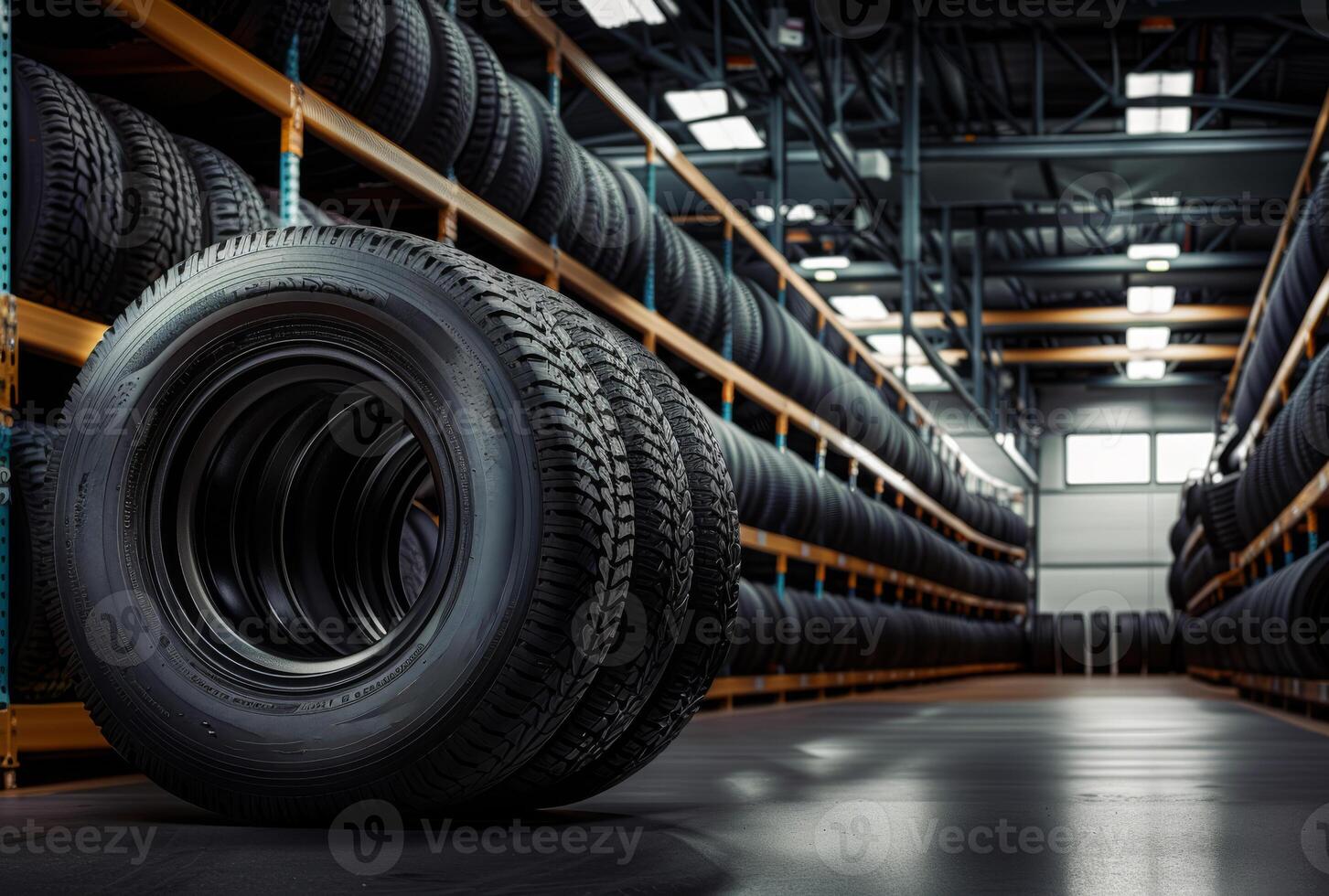 AI generated Tires for sale at tire store. A stack of new tires is stacked high in the garage photo