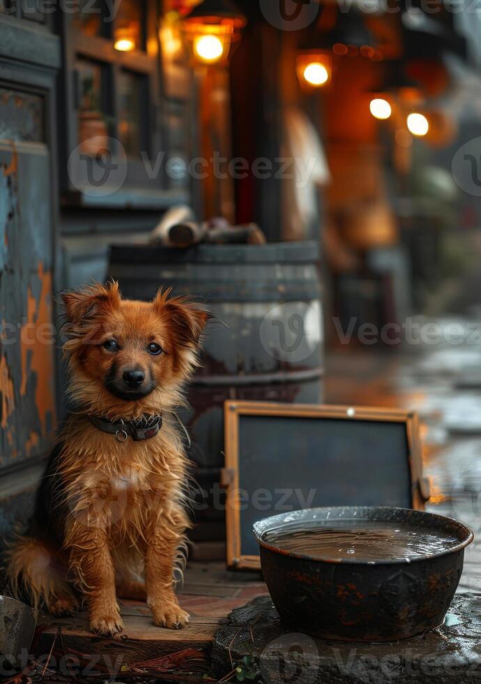 AI generated Small dog sits on wooden porch next to bowl and sign. photo