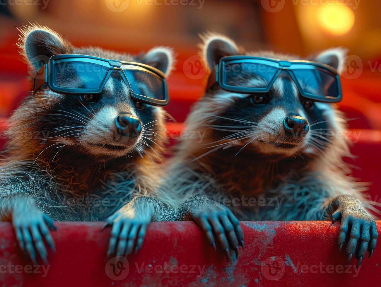 AI generated Two raccoons in glasses are sitting on red box photo