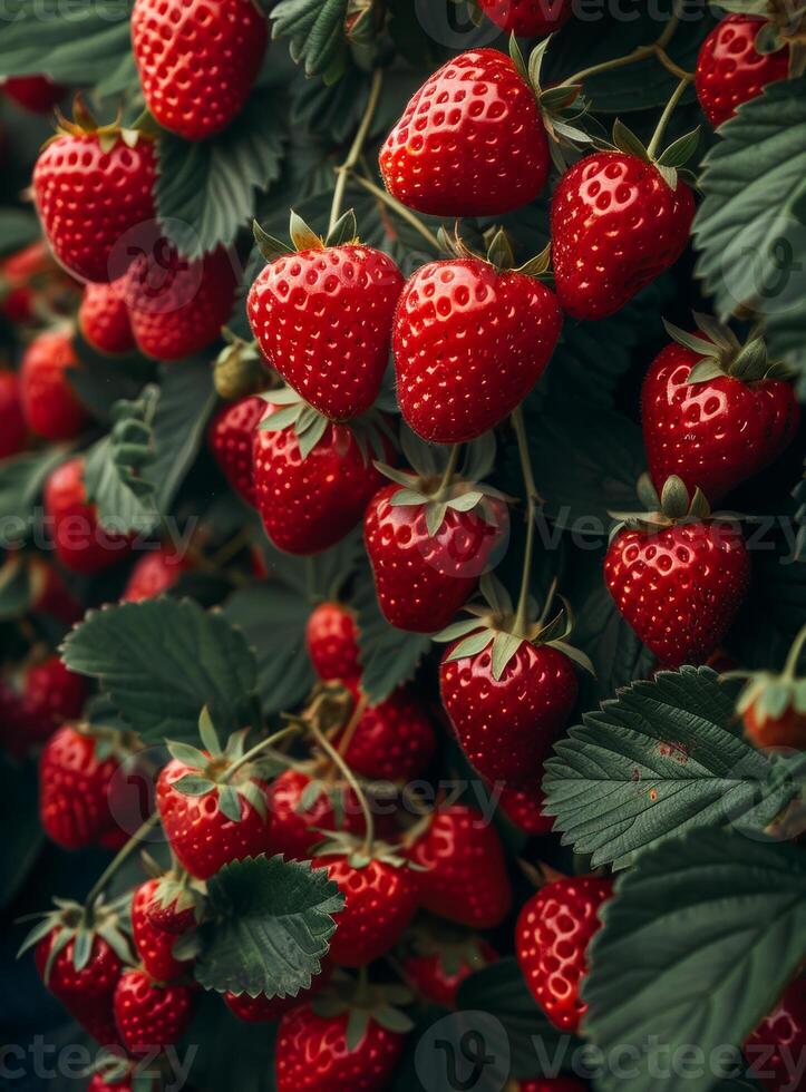 AI generated Closeup of strawberry plant with lots of ripe and unripe strawberries photo
