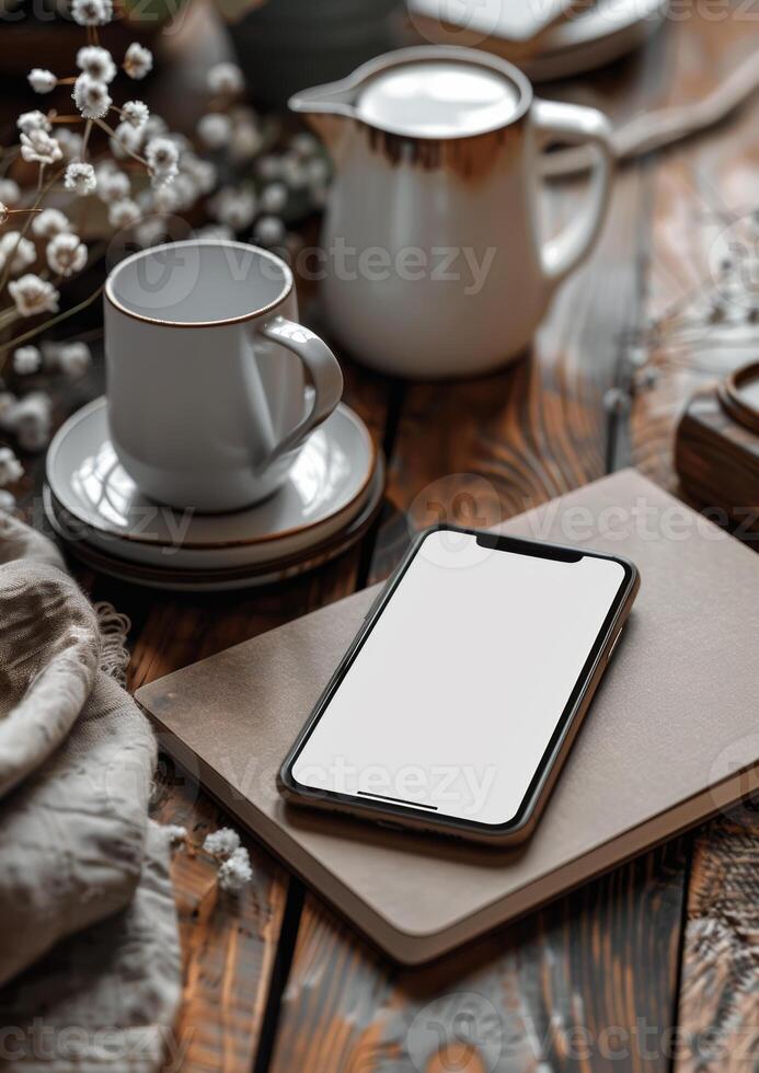 AI generated Mockup smartphone and cup of coffee on wooden table photo