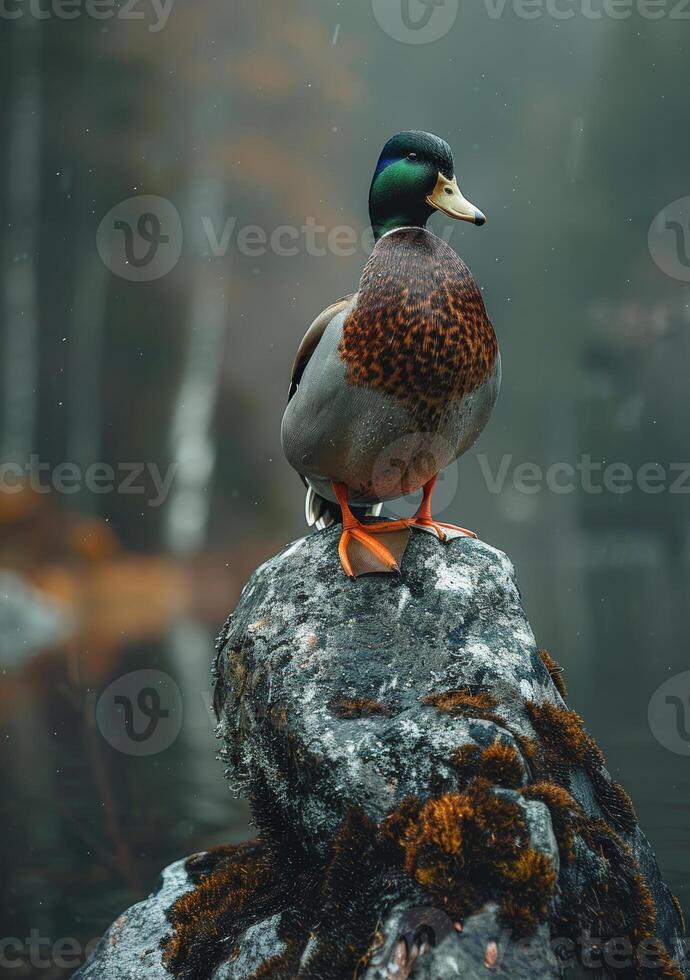 AI generated Wild duck sitting on rock in the middle of lake photo