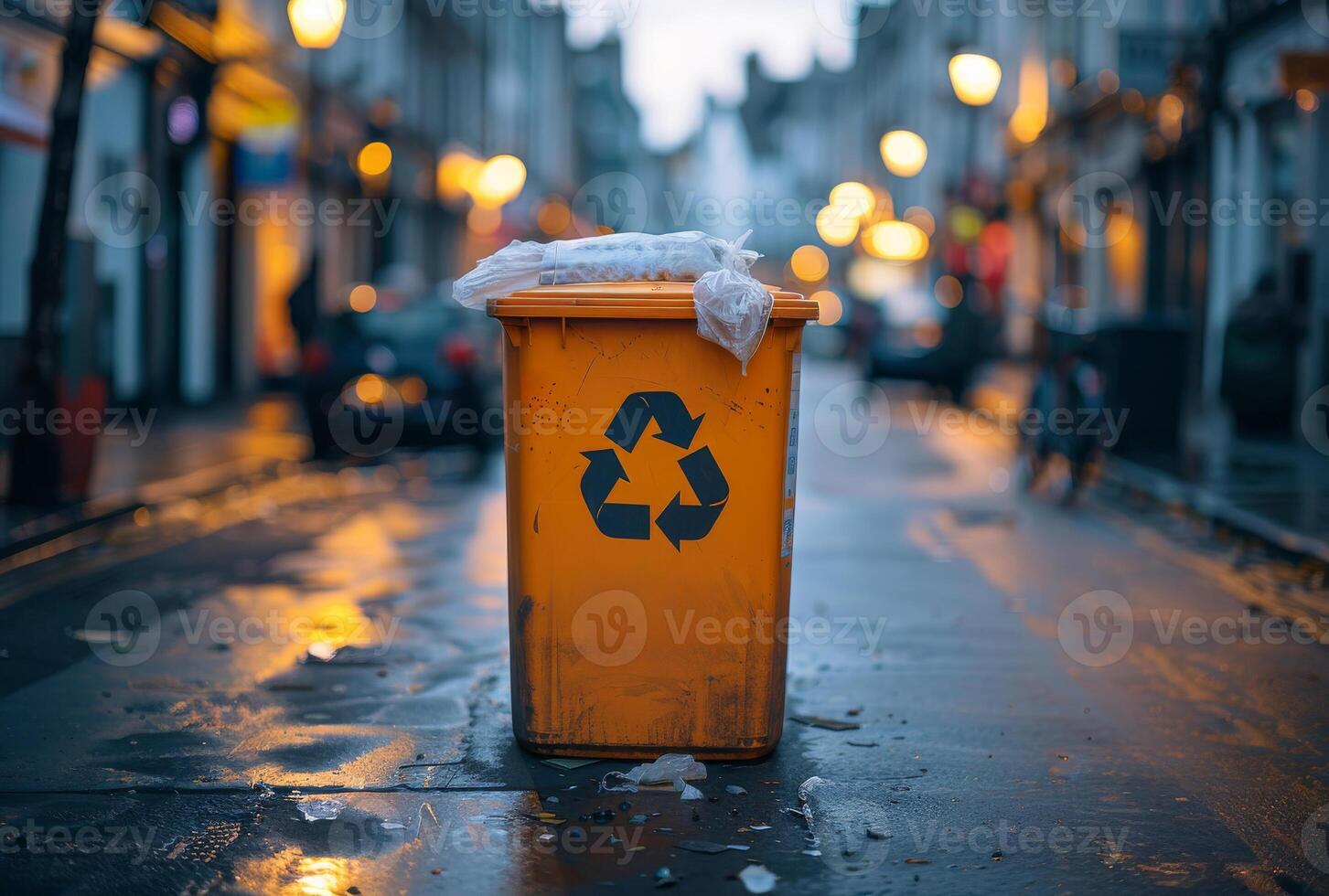 AI generated Yellow recycling bin sits on wet street with plastic bag sitting on top of it. photo