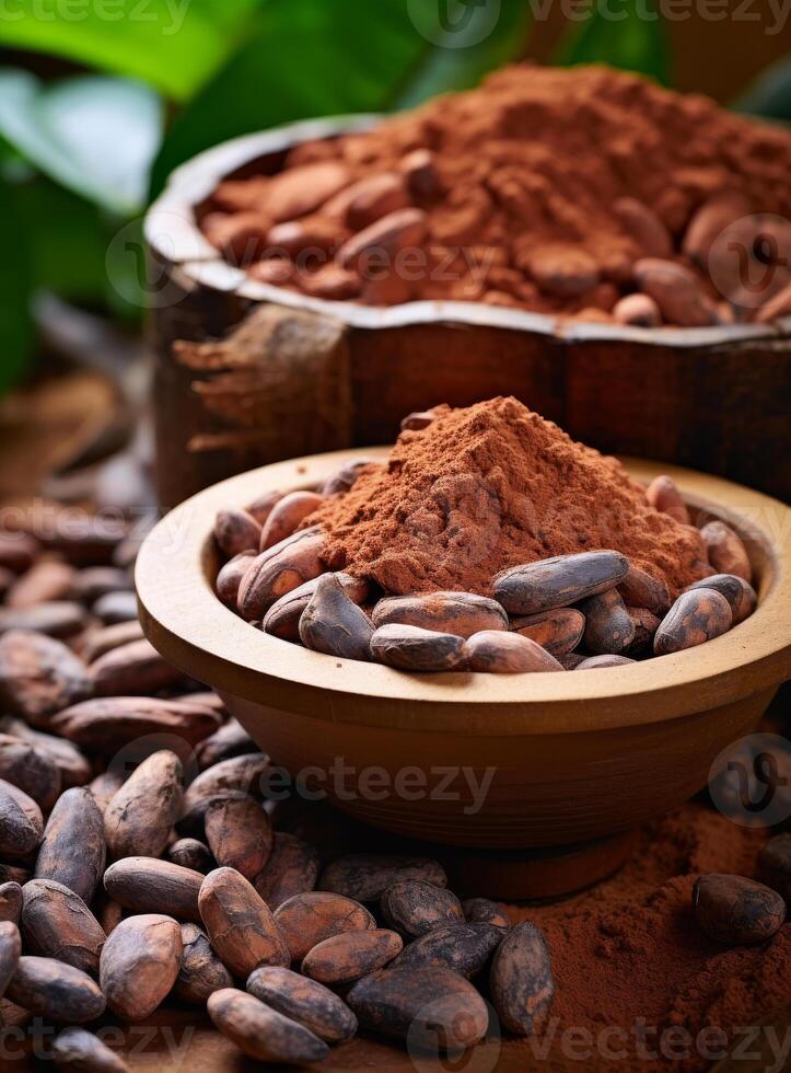 AI generated Cocoa powder and cocoa beans on the wooden table photo