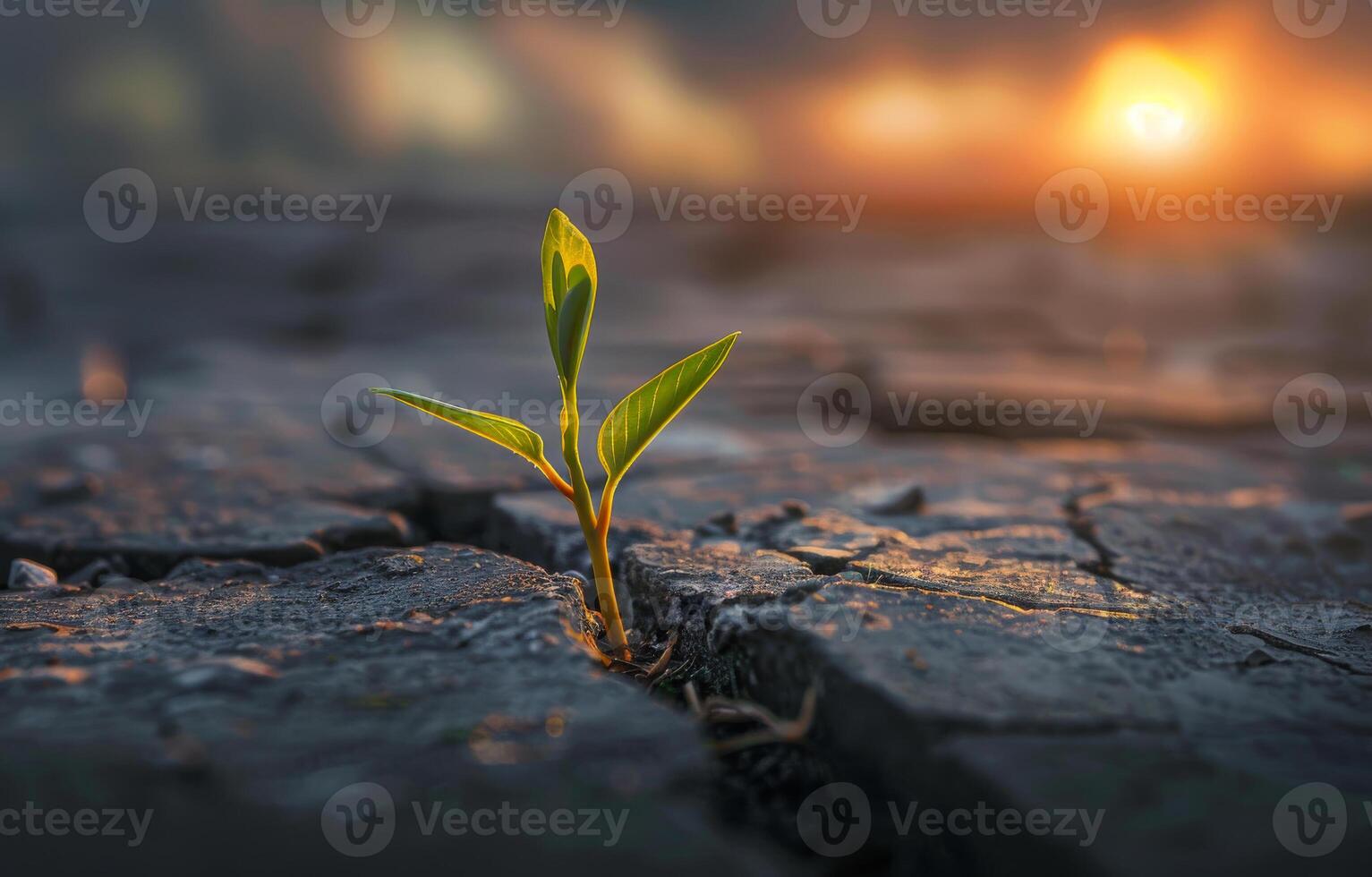 AI generated Small plant grows out of cracked dry cracked earth with the sun rising in the background photo