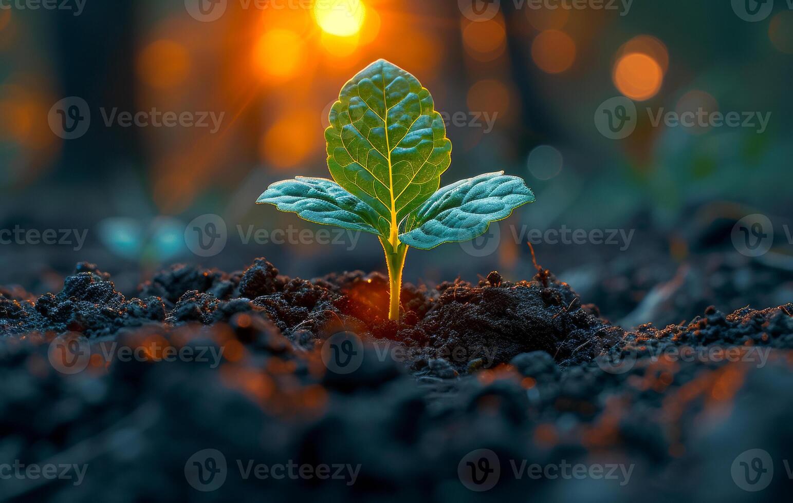 AI generated Young plant growing in the morning light and colorful sky photo