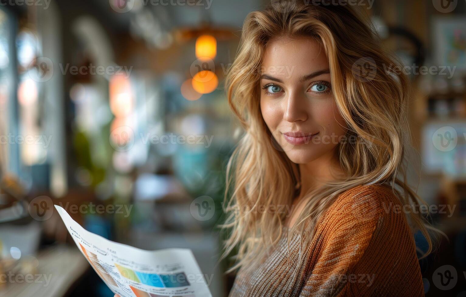 AI generated Beautiful young woman with long blond curly hair sitting in cafe reading magazine and smiling photo