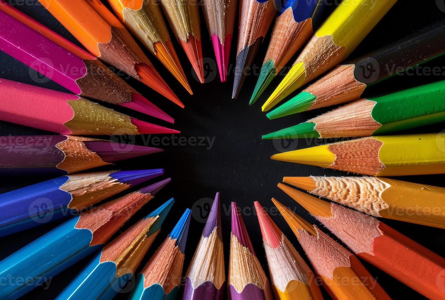 AI generated Colored pencils in circle on black background photo
