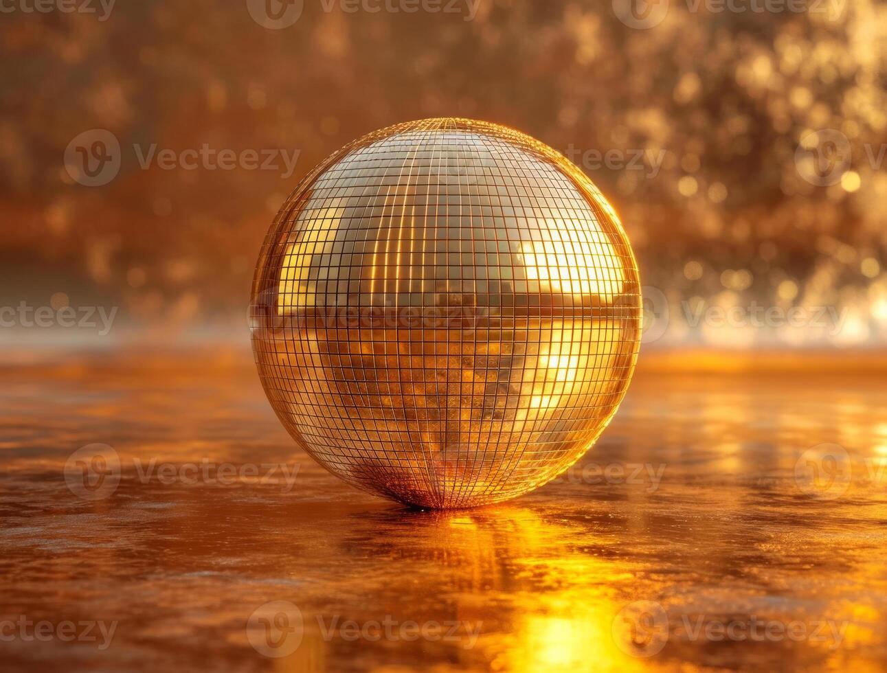 AI generated Discoball. Golden discoball on wet surface reflecting the sunset. Disco ball against a golden background photo