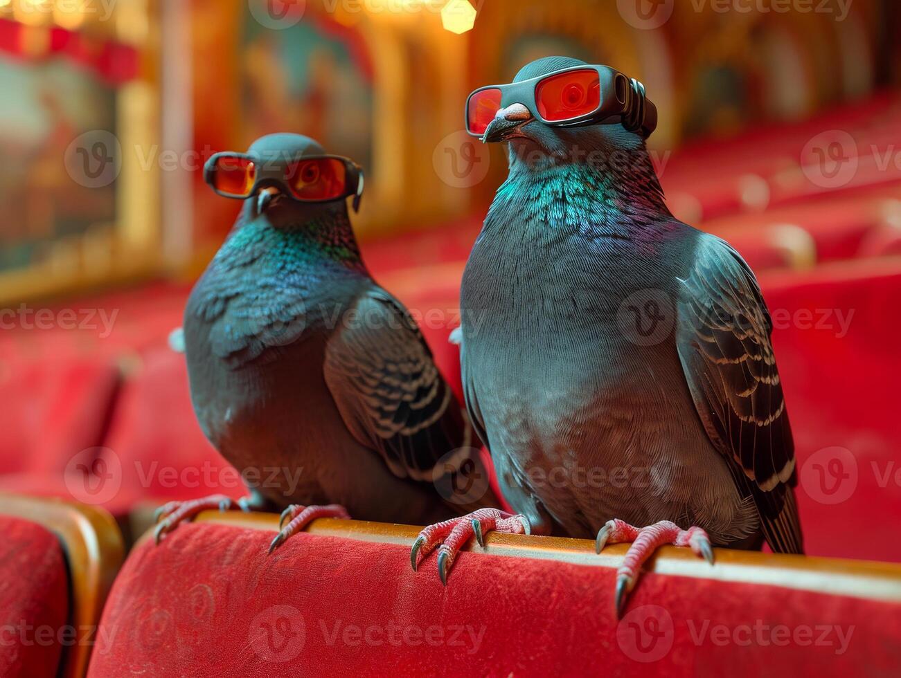 ai generado dos palomas sentado en el rojo sillas y acecho el espectáculo foto