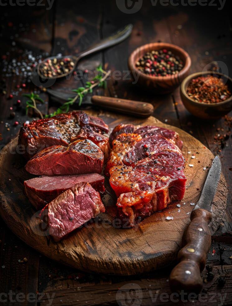 AI generated Succulent thick juicy portions of grilled fillet steak seasoned with mix of fresh herbs photo