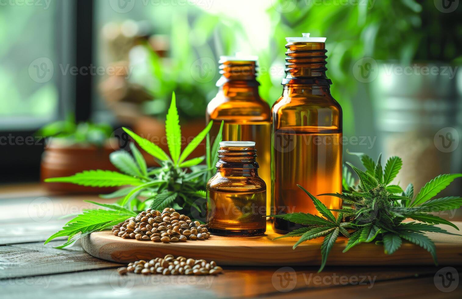 AI generated CBD oil and hemp on table. Cannabis oil photo